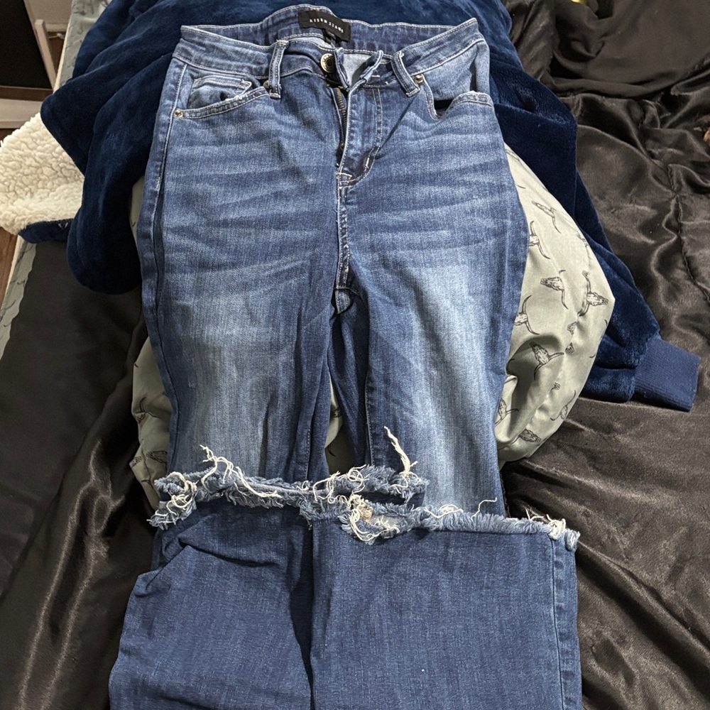 Risen brand Blue Flare Jeans Distressed Hem